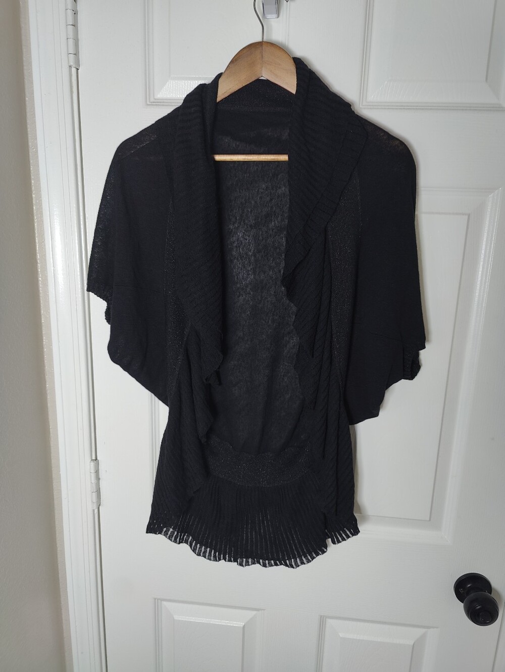 ANNE FONTAINE Anita Black Linen Blend Open Front Ruffled Cardigan Size S